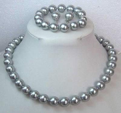 12MM Gray Shell Pearl Round Beads Necklace Bracelet/ Earrings Set