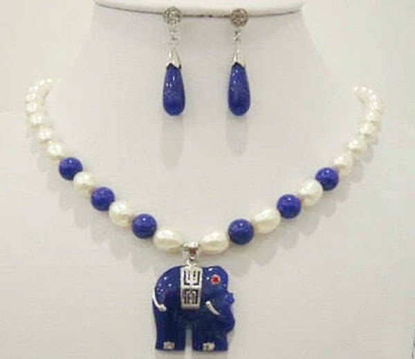 Natural white rice pearl & blue jade elephant pendant necklace earrings Set