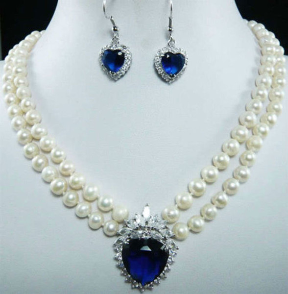 7-8mm Natural White Pearl Blue Crystal Pendant Necklace + Earrings Set