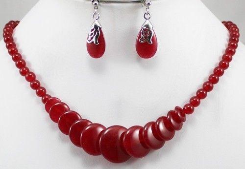 Red/Yellow/Green/Purple Jade beads and coins necklace&stud earrings Jewelry Set