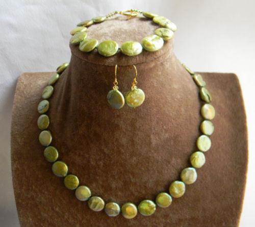 Green Coin shape 10-11mm Freshwater Pearl Necklace 18'' Bracelet 8'' Earring Set