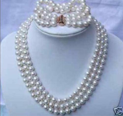 3ROW 7-8MM WHITE FRESHWATER PEARL NECKLACE & BRACELETS