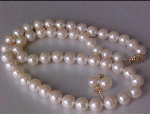 GORGEOUS 9-10MM AKOYA WHITE NATURAL PEARL NECKLACE EARRING SET 14k YELLOW GOLD