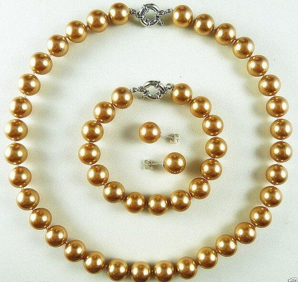 AAA+ 12mm gold South Sea shell pearl bracelet earring necklace set