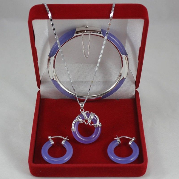 Fine Jewellery 18k white gold Purple Jade Earring Pendant Bracelet Set