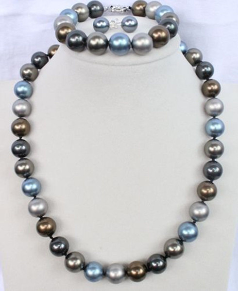 TRI-COLOR SHELL PEARL NECKLACE 3PIECE SET 12 MM