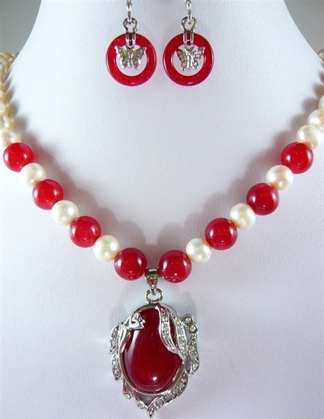 noblest red jade-white pearl necklace +18KGP pendant earring set 18