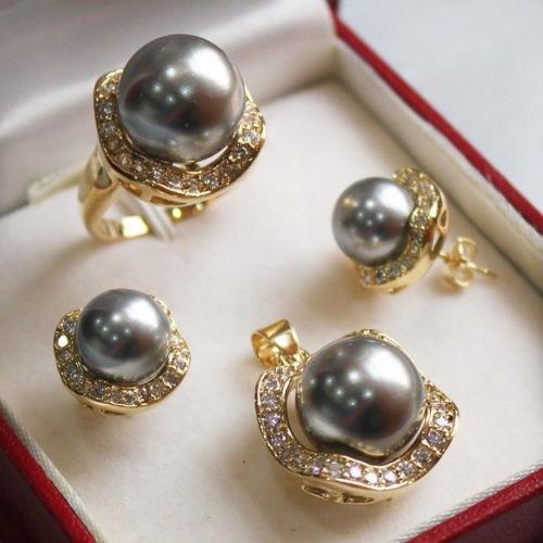 1Set AAA 10mm &14mm gray South sea Shell Pearl Earrings Necklace Ring Set No box