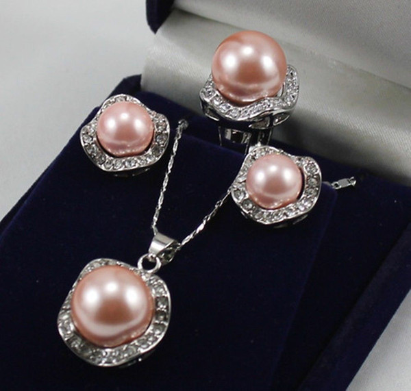 Genuine pink Shell Pearl Diamante Earrings Ring Necklace Pendant Set