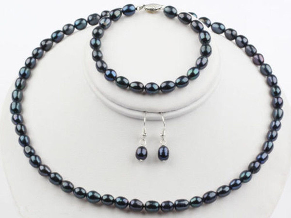 7-8mm Natural Black Rice Freshwater Pearl Necklace Bracelet Earrings Jewelry Set