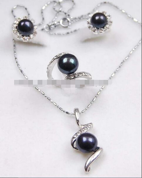 Genuine Black Akoya Cultured pearl Earrings /Ring / Necklace Pendant Set AAA