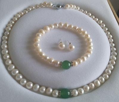 Natural White Akoya Pearl &Green Emerald Bracelet Necklace Earrings Jewelry set