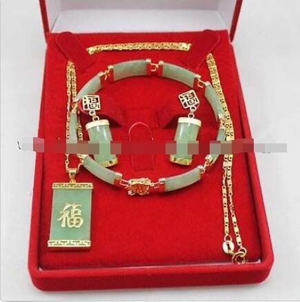 Green Jade Inlay Link Bracelet earrings Necklace Pendant Set