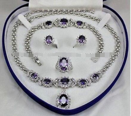 Beautiful!Amethyst Inlay Link Bracelet earrings Ring Necklace Set