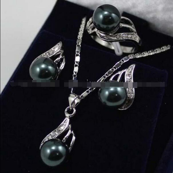 Black South sea Shell Pearl Earrings Ring & Necklace Pendant Set AAA+ Top Grade