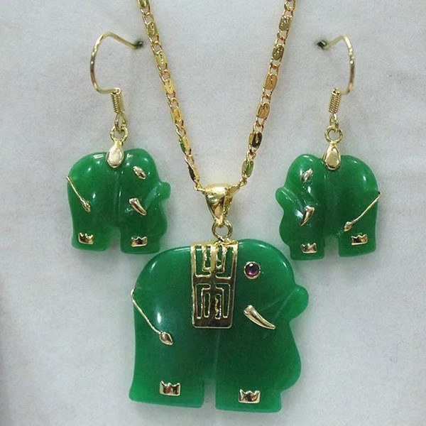 Natural Green Jade/Red Jade Carved Elephant Pendant 14K GP Necklace Earrings Set