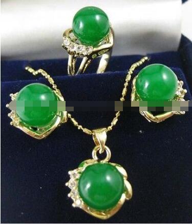 10mm Green Jade Earrings Ring & Necklace Pendant Set AAA