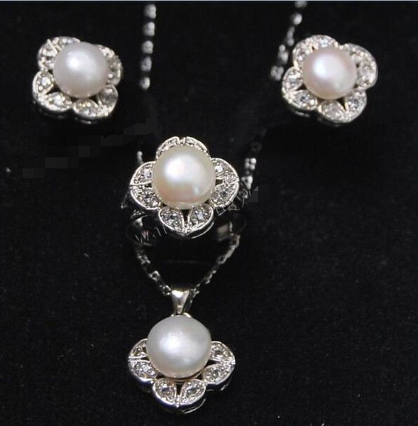 White Akoya Cultured Pearl ring earrings necklace Pendant set AAA Grade