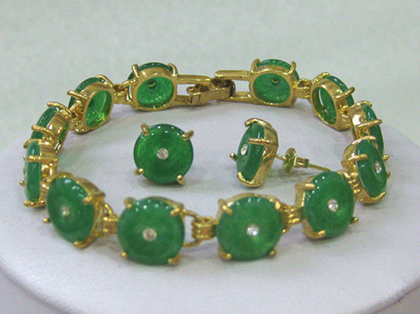 2017 HOT Natural Green Jade bracelet earrings set 7.5