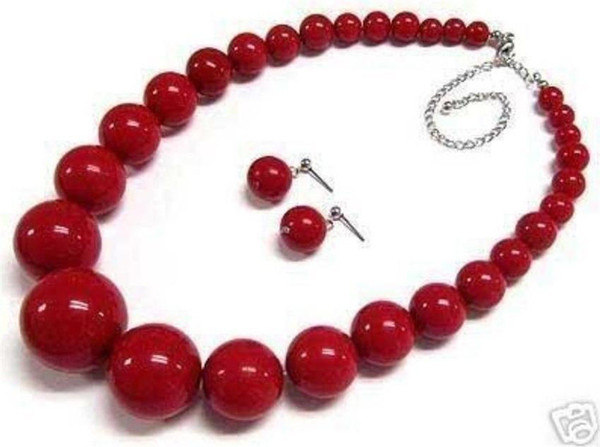 Beautiful 6-14mm Red Coral Round Beads Necklace Earring 18