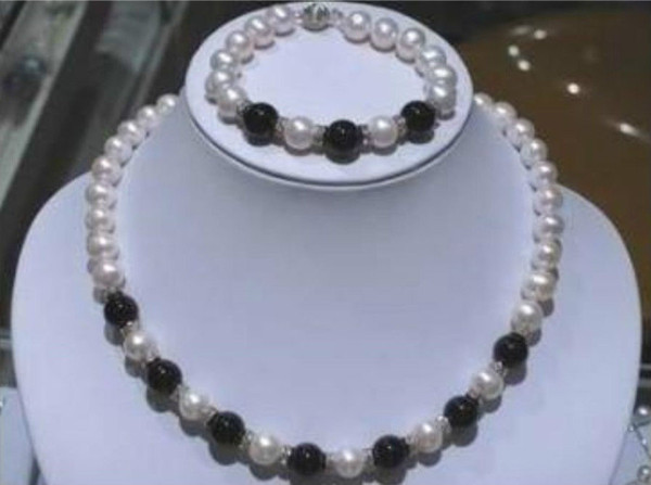 7-8MM White Pearl And Black Agate Neckalce Bracelet Set AAAWQ