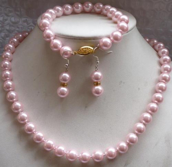 HOT Beautiful 8mm Pink Sea Pearl Shell Necklace &Bracelet Earring Set 18