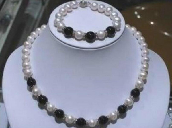 7-8MM White Pearl And Black Agate Neckalce Bracelet Set 18