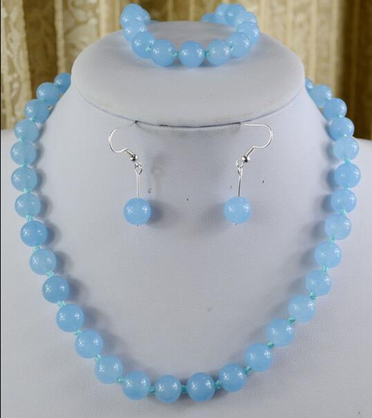 10mm Natural Blue Aquamarine Gemstone Necklace Bracelet Earring Set 18