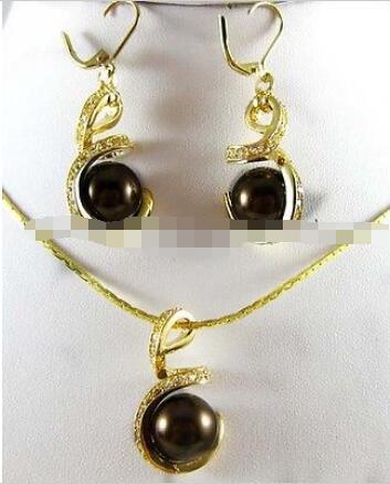 12mm Chocolate South sea Shell Pearl Earrings & Necklace Pendant Set 18