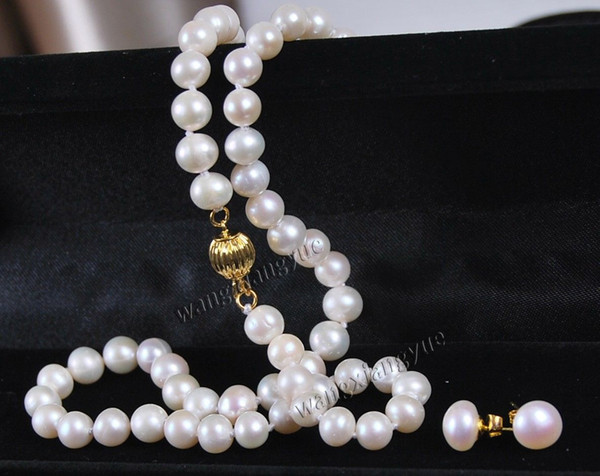 Genuine 7-7.5MM white Akoya Cultured Pearl Necklace earrings set AA+ R06