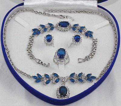 18K Gold Plated Inlay Blue crystal Necklace Bracelet Ring Earring set AAA