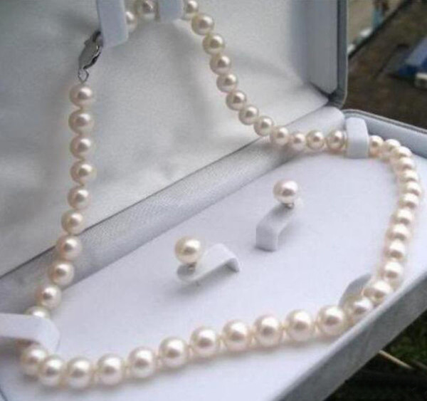 8-9mm Natural White Akoya Cultured Pearl Earrings Necklace Jewelry Set 18