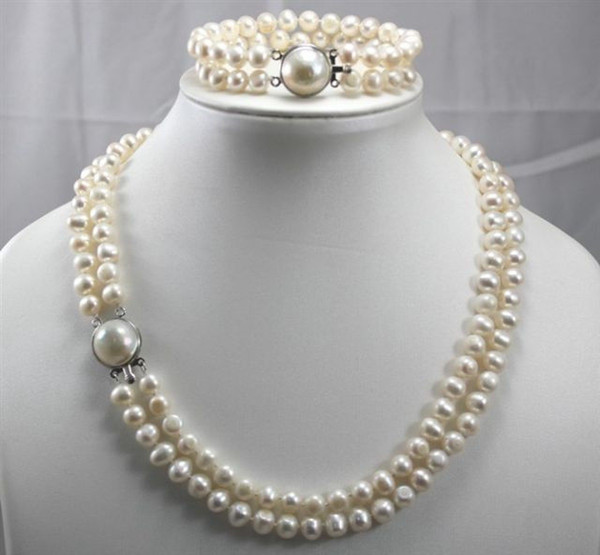 NEW 2 Row 8-9MM Freshwater Cultured pearls Necklace Bracelet Set 17-18