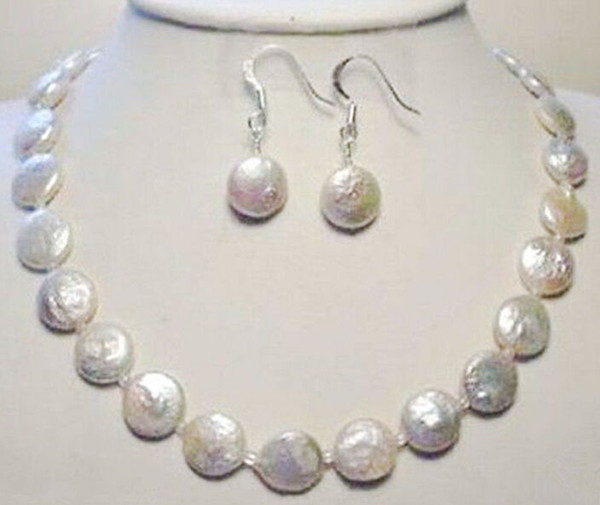 Natural11-12mm White Freshwater Pearl Coin Necklace Earrings Set AAA 18