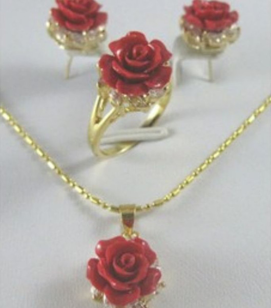 new Pretty Crystal Red Coral rose Flower Pendant Earring Ring lady's set