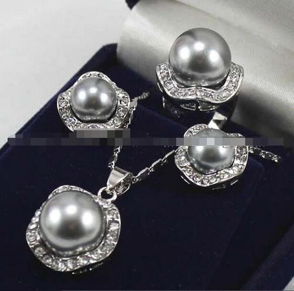 Silver Gray Shell Pearl Round Beads Earrings / Ring / Necklace Pendant Set AAA+