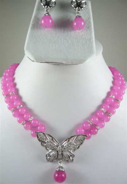 Charming! 2Rows Pink Chalcedony Necklace Earring Set