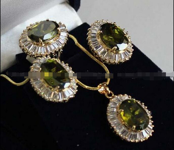 14K GP Inlay Peridot Earrings/Ring/ Necklace Pendant Fashion Jewelry Set AAA