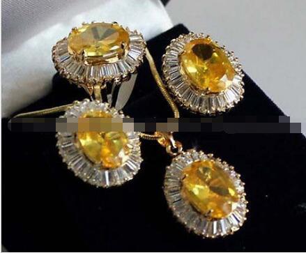 14K GP Inlay South America Topaz Earrings/Ring/ Necklace Pendant Set AAA