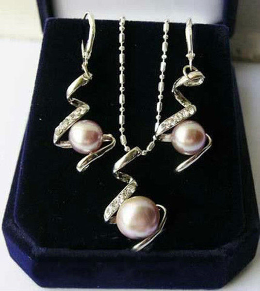 Natural Purple Akoya Cultured Pearl Pendant Necklace + Earrings Set AAA+