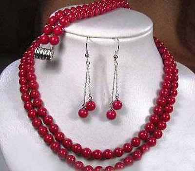 2 rows Tibet red coral necklace earring bracelet set