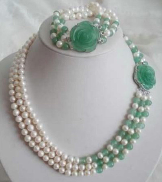 new White Akoya Pearl Natural Emerald Necklace Bracelet Set