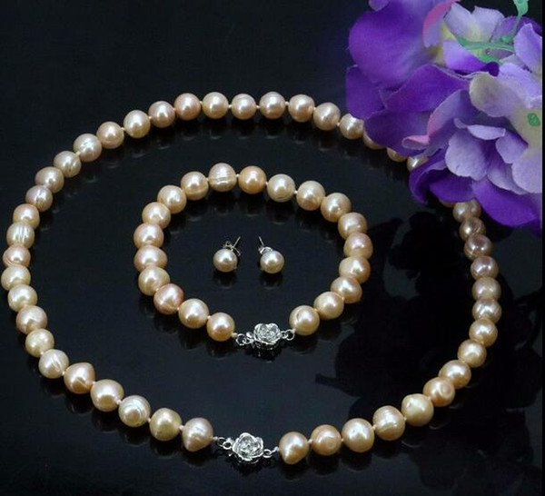 Pink pearl necklace sets flower clasp 8-9mm necklace 18