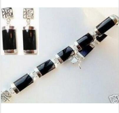 Stylish Black Jade Bracelet Earring set AAAA