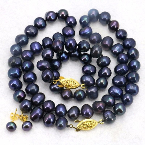 Black pearl necklace sets fish clasp 8-9mm necklace 18