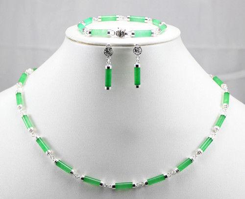 Green Jades Tube Shape 925 Sterling Silver Earring Bracelet Necklace Set