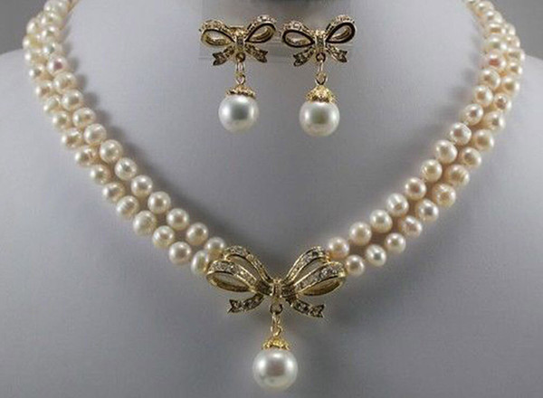 18k Yellow Gold GP 6-7mm White Pearl & Shell Pearl Pendant Necklace Earring Set