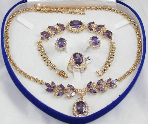 18K Yellow Gold GP Inlay Purple Crystal Necklace Bracelet Earring Ring 1set AAA