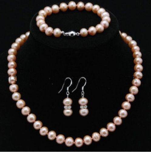 Genuine A++ Cultured Freshwater 7-8mm ROUND pink Pearl Necklace set 18