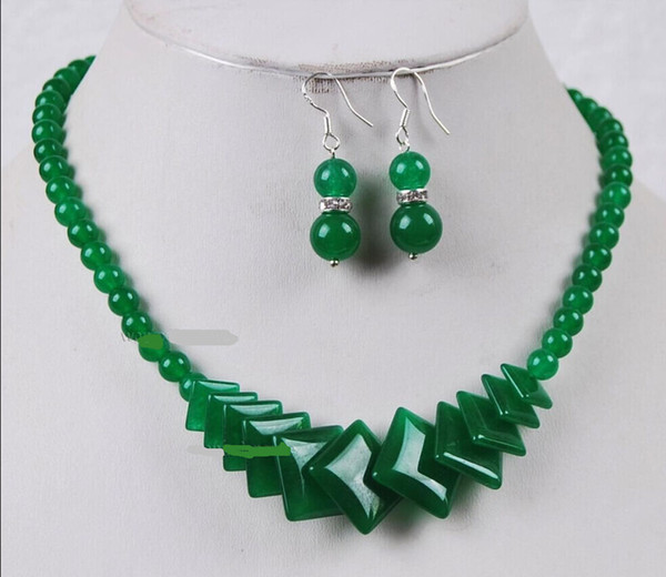 Real Natural Green Jade Beads Jewelry Necklace Earrings Set AAA grade 009